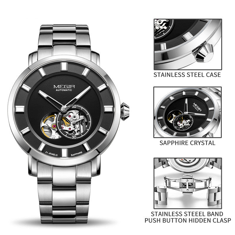 MEGIR Men Watch Hollow Out Automatic Mechanical Stainless Steel Wristwatch Waterproof Luxury Business Wrist Watch Montre Homme-9