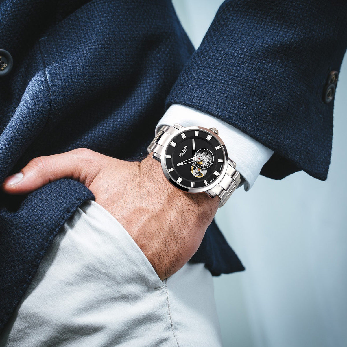 MEGIR Men Watch Hollow Out Automatic Mechanical Stainless Steel Wristwatch Waterproof Luxury Business Wrist Watch Montre Homme-1