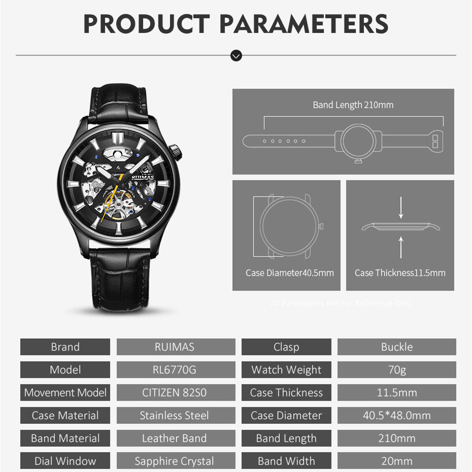 RUIMAS Men Mechanical Wristwatch Fashion Casual Leather Band Watch Luxury Sport Wrist Watch Chronograph Luminous Man Clock 6770-3